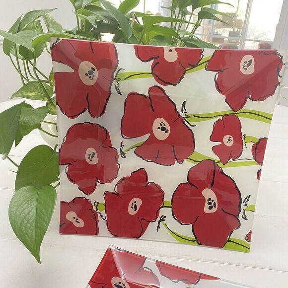 Set of 2 Poppies Garden Printed Decorative Glass Plates Platters Trinket Trays - Picture 2 of 9